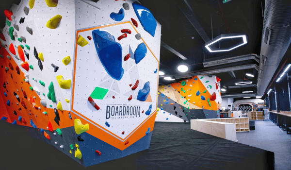entrance of boardroom climbing centre in wimbledon. Image shows climbing walls. 